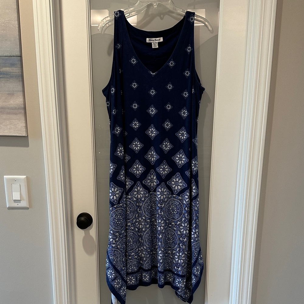Tommy Bahama Asymmetrical Navy Dress with White Patterns